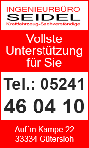 Banner mit Kontaktdaten von KFZ Gutachter Seidel in Gütersloh