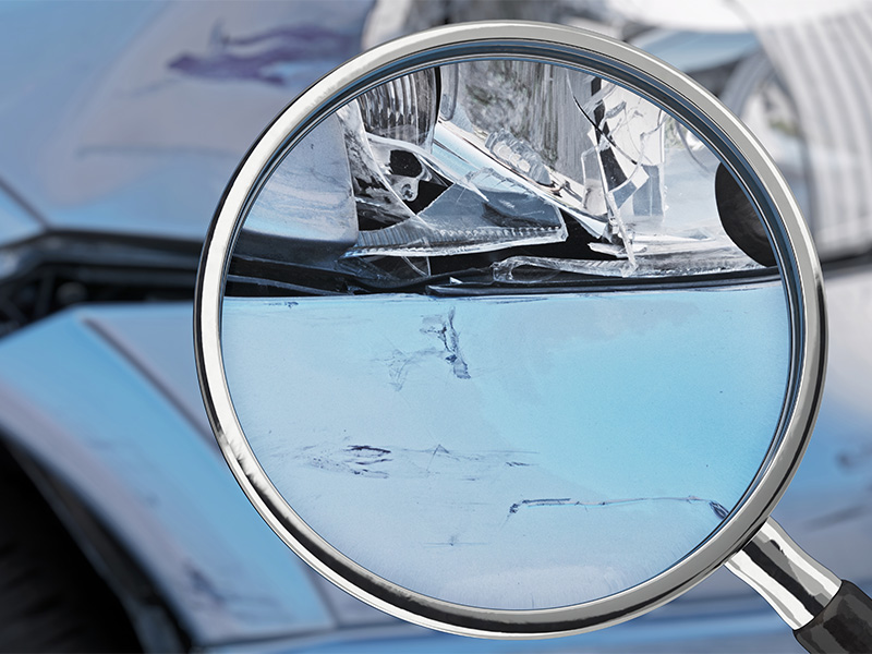 Lupe zeigt detaillierten Unfallschaden an verbeulter Autotür, Fokus auf Schadenanalyse und professionelles Unfallgutachten Gütersloh.